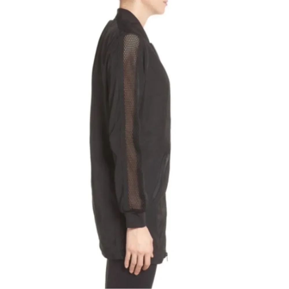 Blank Noir Mesh Panel Long Nylon Bomber Style Jacket in Black, Size S